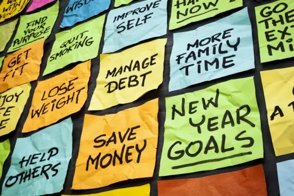 Sticky notes with various goals for the new year